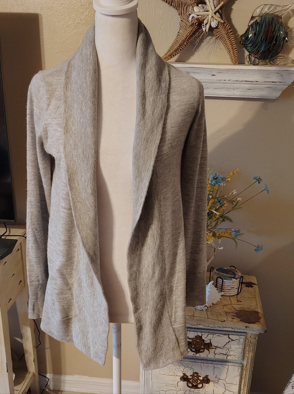 Eileen Fisher 100% Cashmere Light Gray Open-Front Shawl Collar Cardigan